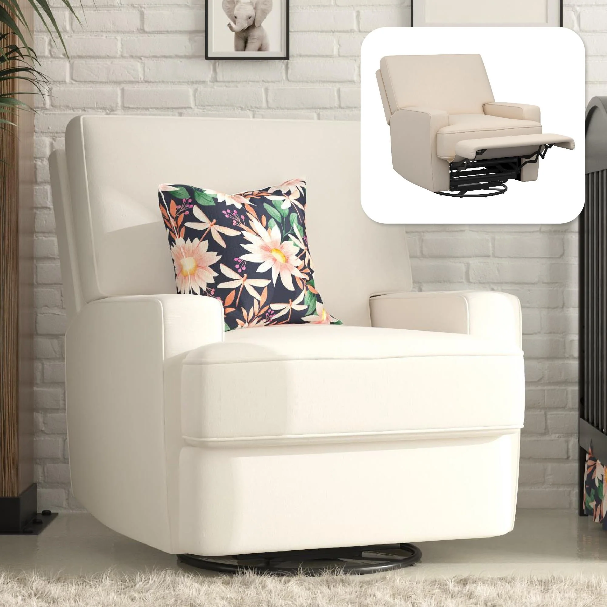 Baby Relax Rylan 4-in-1 Swivel Glider Rocker Recliner Chair, White Linen