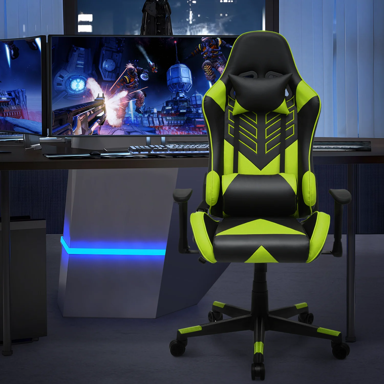 Magshion Ergonomic Gaming Chair, Comfortable Gaming Chair, Computer Chair Leather Desk Chair Adjustable Swivel Gaming Office Chair, Blue