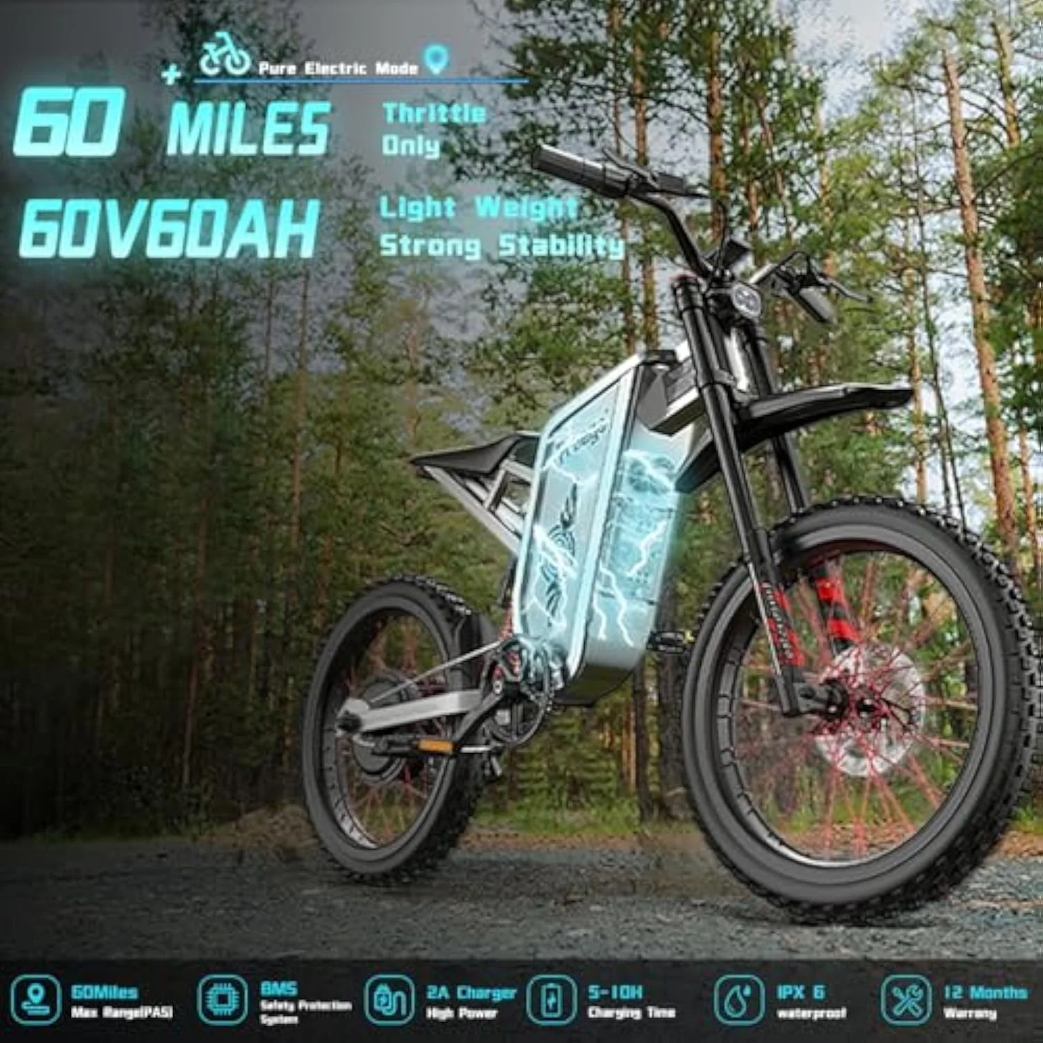 Freego X2PRO Electric Dirt Bike for Adults, Electric Motorcycle 6000W(Peak) Motor 60V 30Ah Battery, 7 Speed 28MPH Off Road Electric Bicycle, 19x2.75 Tire Full Suspension, Grey