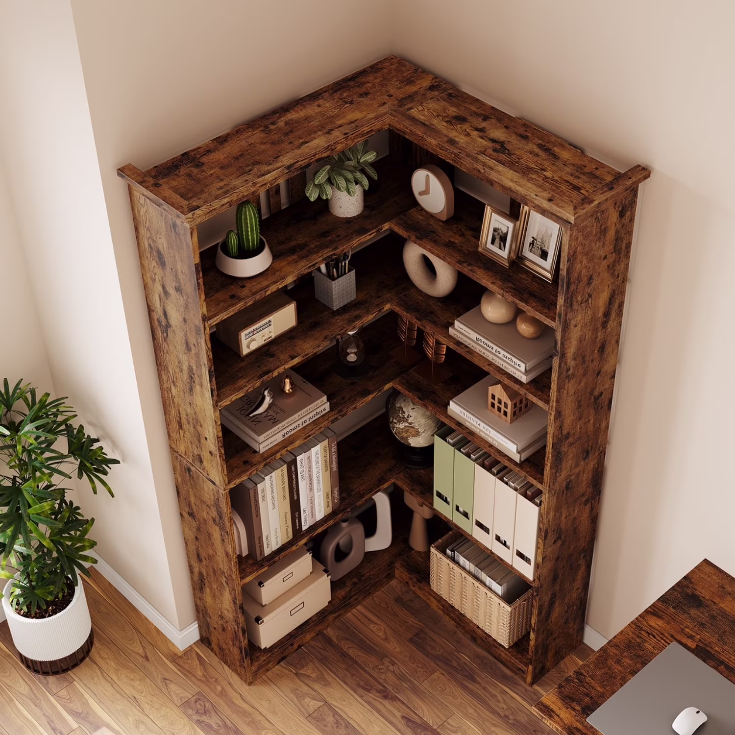 EuKer 5 Tier Corner Bookcase, L-Shaped Bookshelf with Large Storage Capacity for Living Room, Bedroom, Office (Half Panel, Retro Brown)