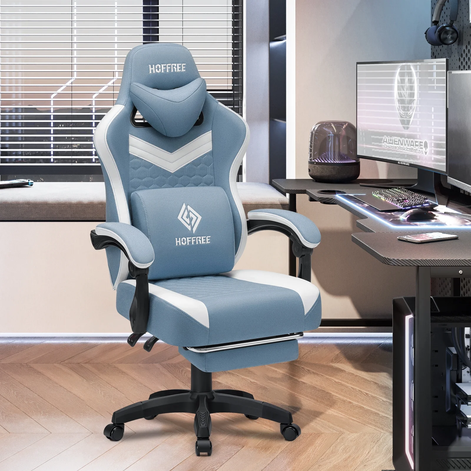 Hoffree Gaming Chair with Speakers Fabric Gamer Chair with footrest and massage Big and Tall Video Game Chair with Headrest and Lumbar Support for Adults