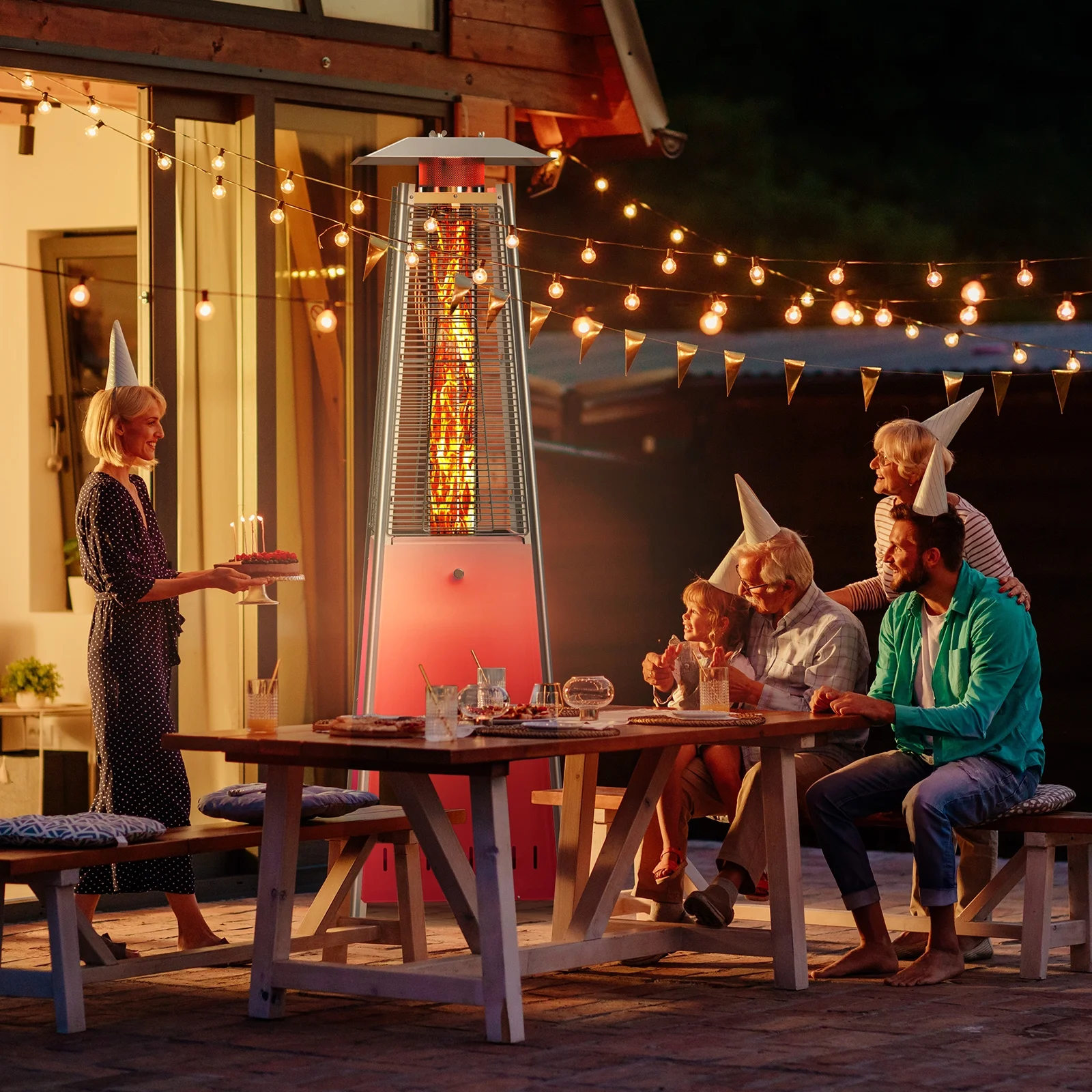 edx 42000 BTU Outdoor Propane Patio Heater Tower with Wheels, Stainless Steel
