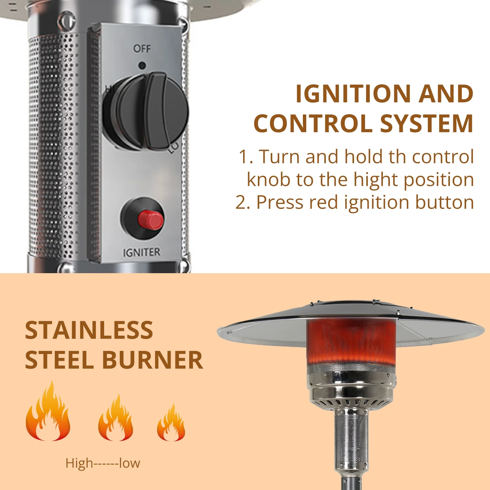Blorly Propane Heater, 48,000 BTU Outdoor Heaters with Auto-off Safety Protection, Double-Layer Stainless Steel with Wheels