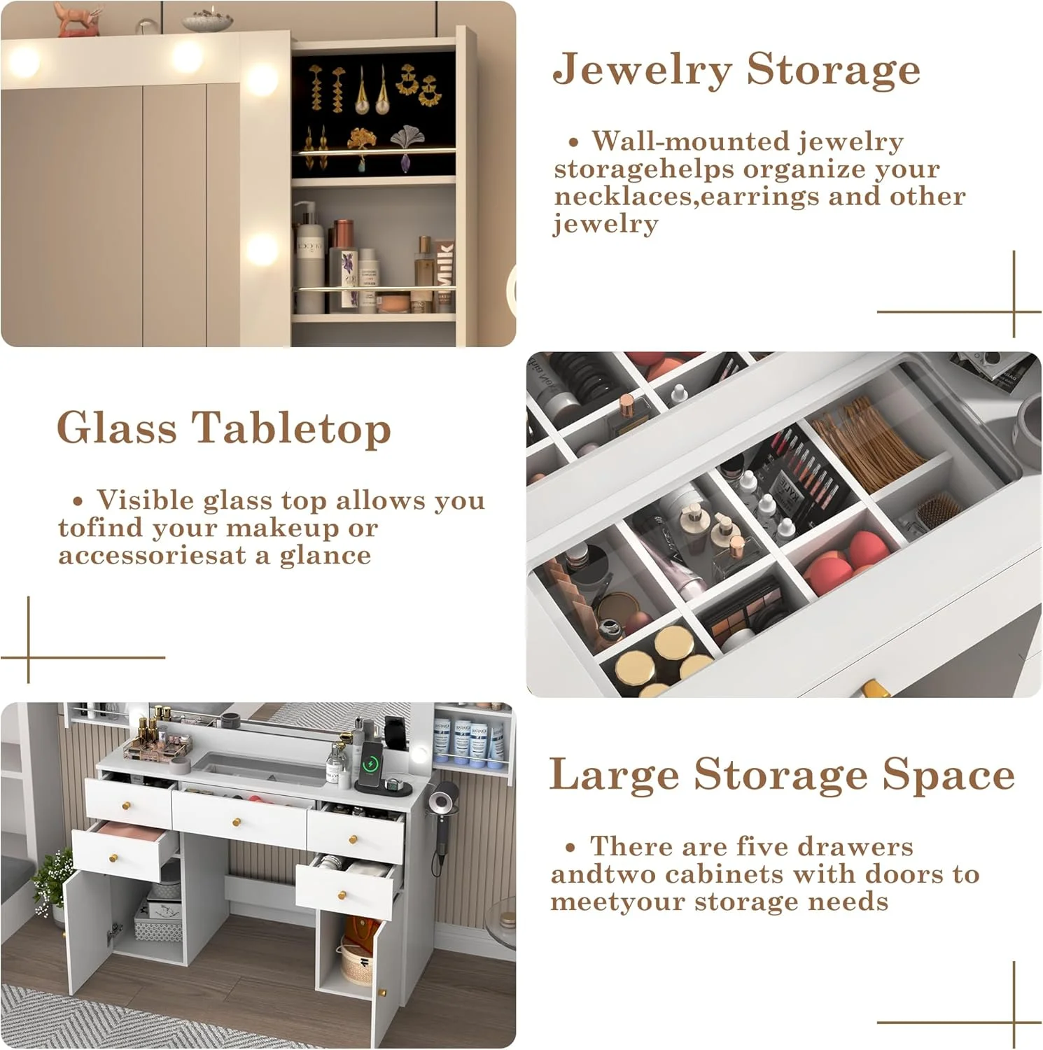 White Vanity Desk with Large Lighted Mirror & Power Outlet, Makeup Vanity Table with Glass Top & Drawers, Sliding Storage, 44.1