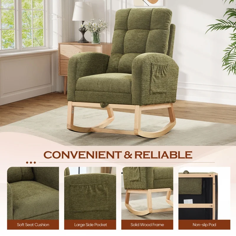 FFH Rocking Chair Nursery, Tufted Accent Rocker Chair, Upholstered Armchair with Adjustable Footrest, Side Pocket, High Backrest, Padded Seat, Polyester Blend (Retro, Dark Gray)