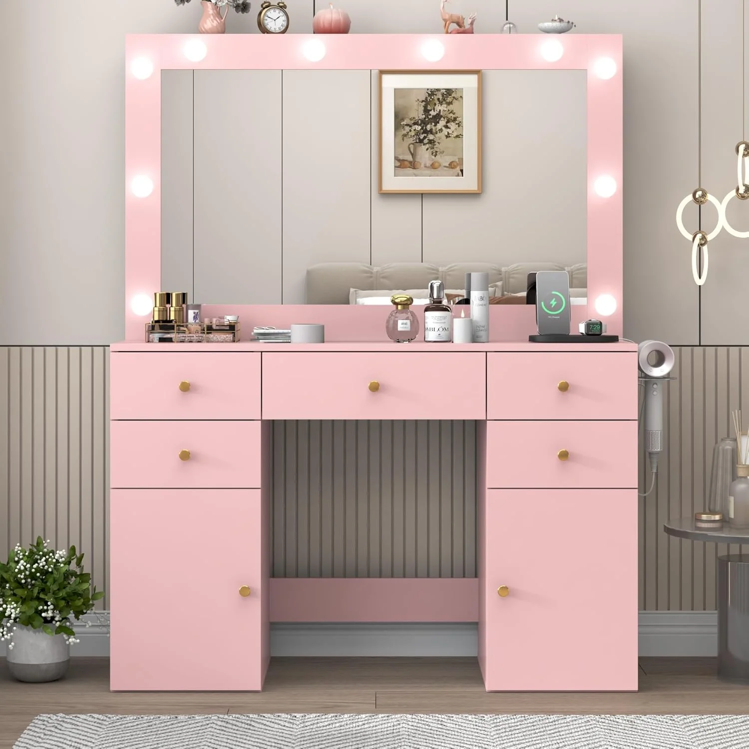 White Vanity Desk with Large Lighted Mirror & Power Outlet, Makeup Vanity Table with Glass Top & Drawers, Sliding Storage, 44.1