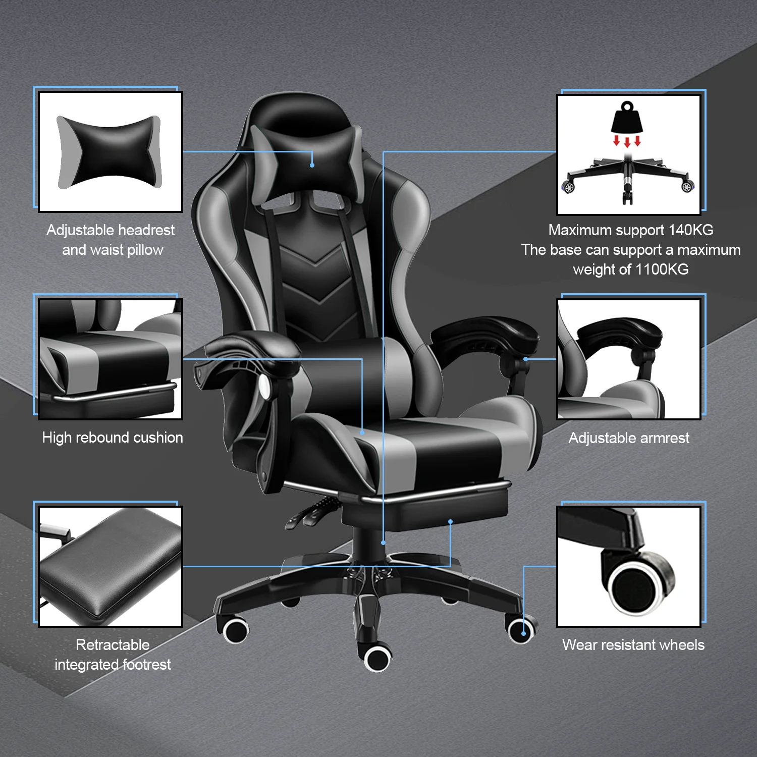 Gaming Chair with Adjustable Footrest,Eighteentek High Back Office Chair with Lumbar Support & Adjustable Headrest Video Game Chairs for Adults Black