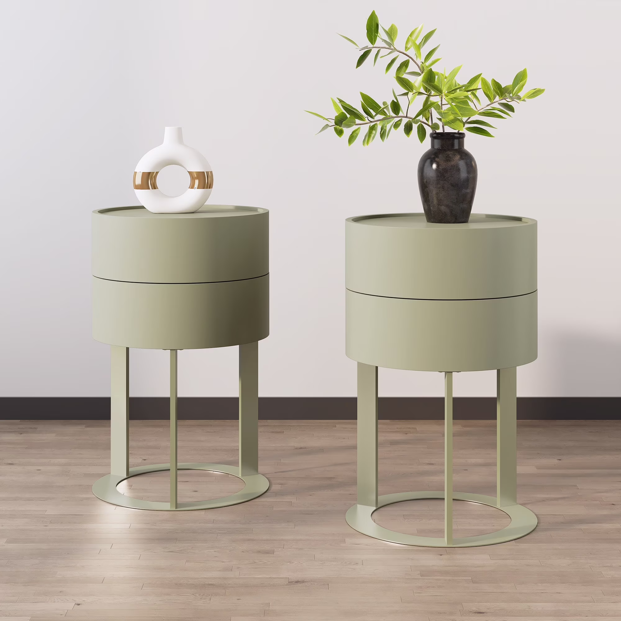 HLR Modern Round Wood Nightstand with Drawer, 2-Tier End Table for Living Room, Bedroom, Black