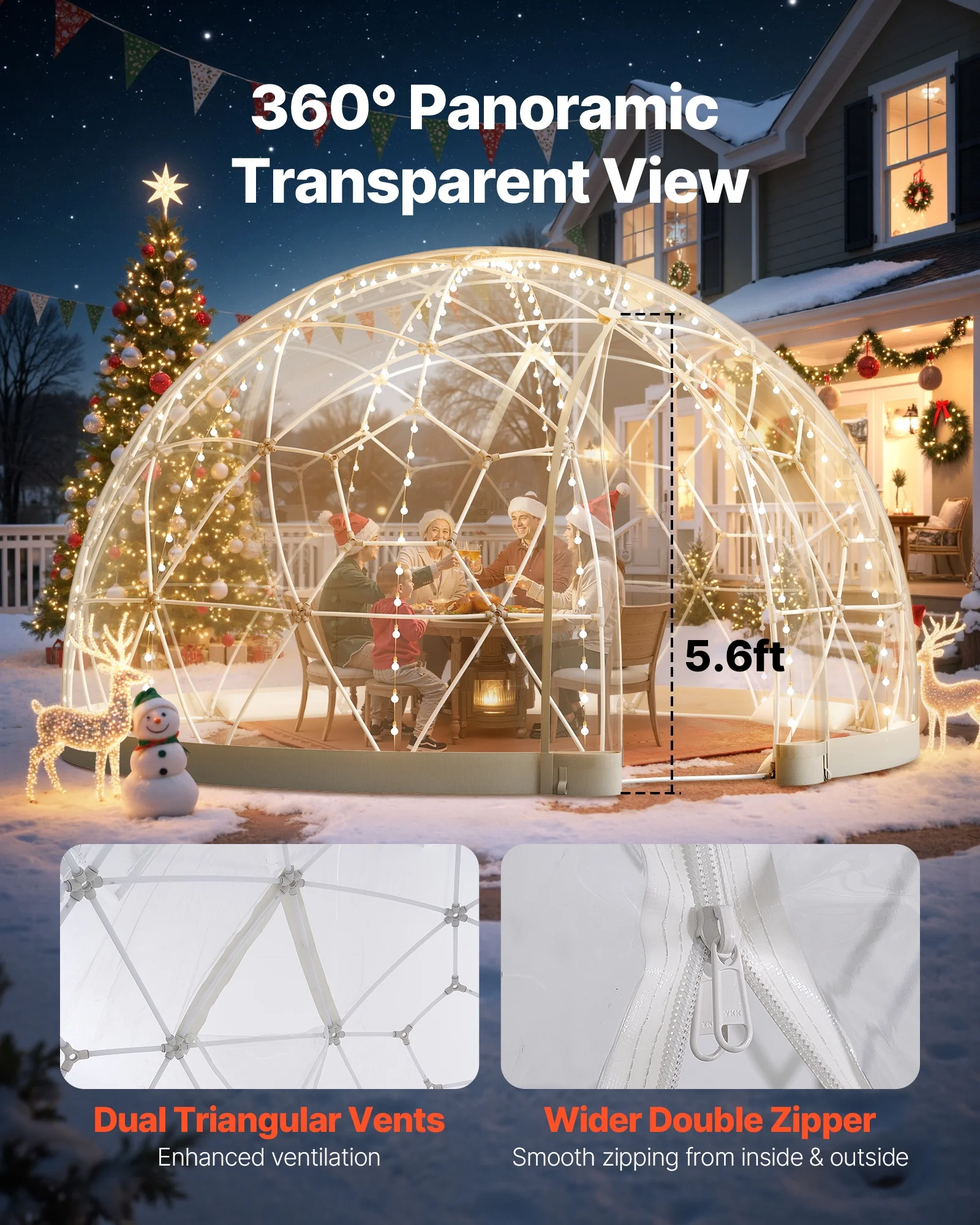 VEVOR Garden Dome Tent, 12 x 7.2 ft Outdoor Clear Bubble Tent for 4-7 Person, Weatherproof Geodesic Dome Greenhouse with Window, PVC Igloo Tents for Backyard Patios Camping Party Wedding