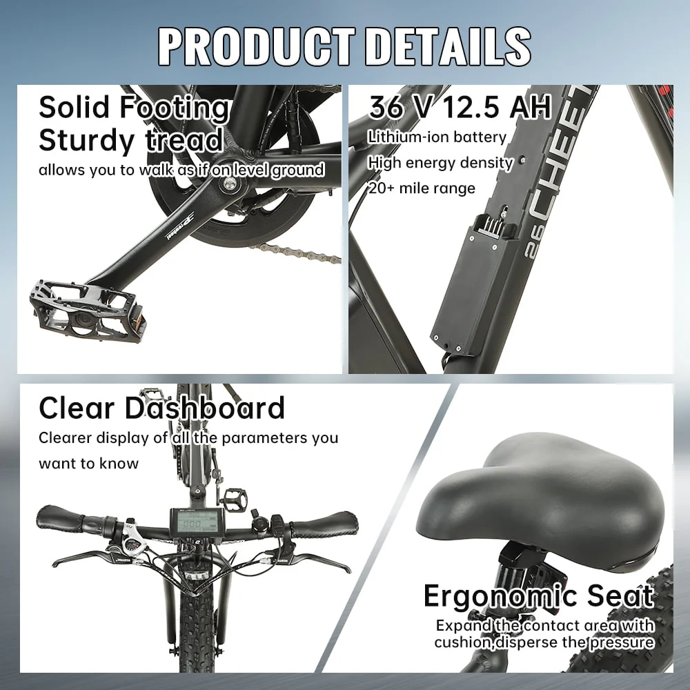 Ecotric 26 In. Electric Bicycle Fat Tire Wheel Snow Beach Mountain E-Riding Adult 36V 500 W Moped E bike