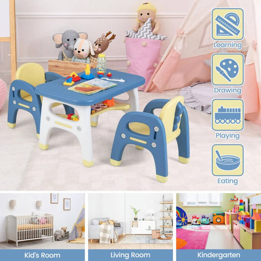 Spaco Kids Table and 2 Chairs Set with Storage Shelf and Building Blocks-Blue, Toddler Table and Chair Set for Arts & Crafts, Snack Time, Homeschooling, Homework