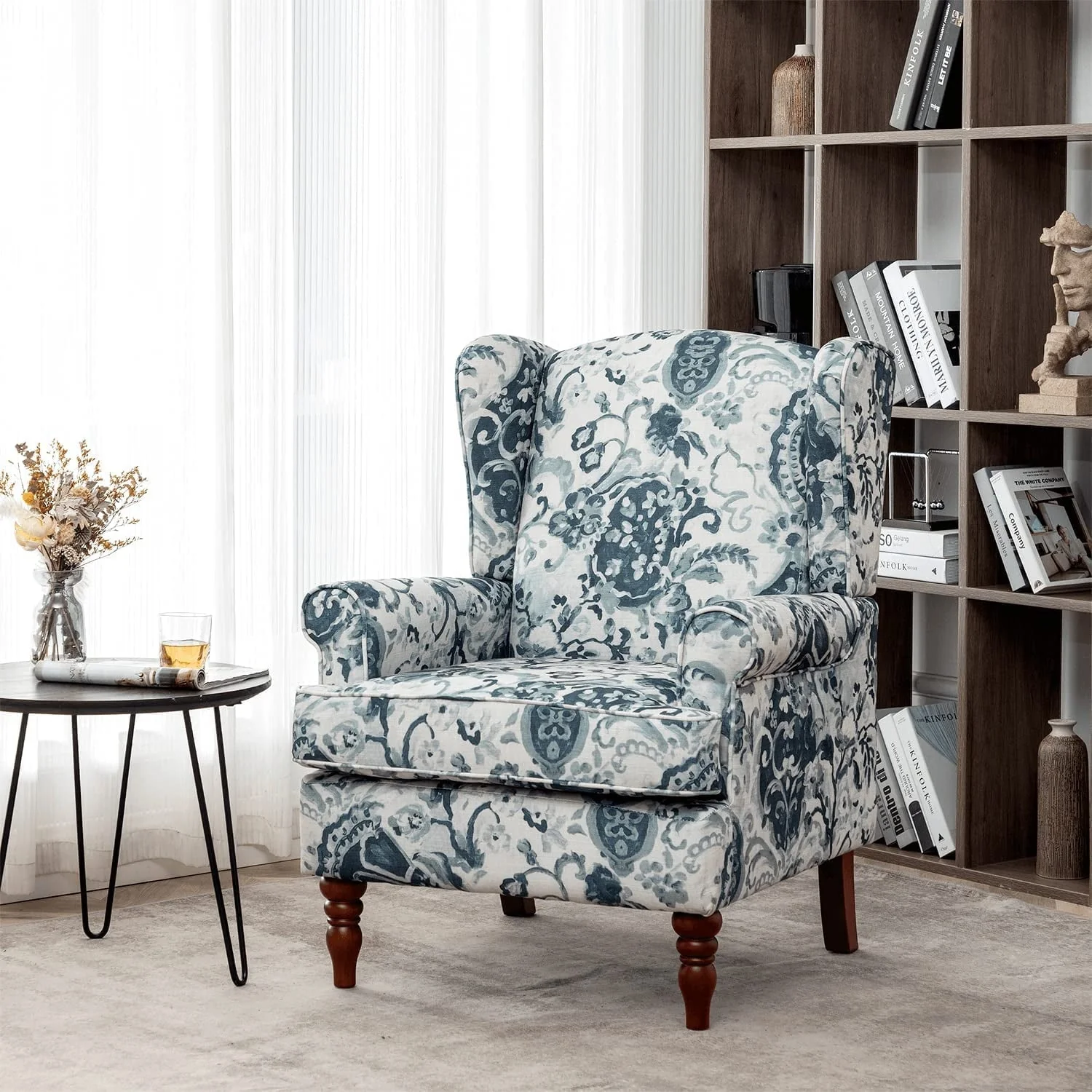 Hommow Upholstered Accent Chair, Floral Print Fabric Armchair,Blue