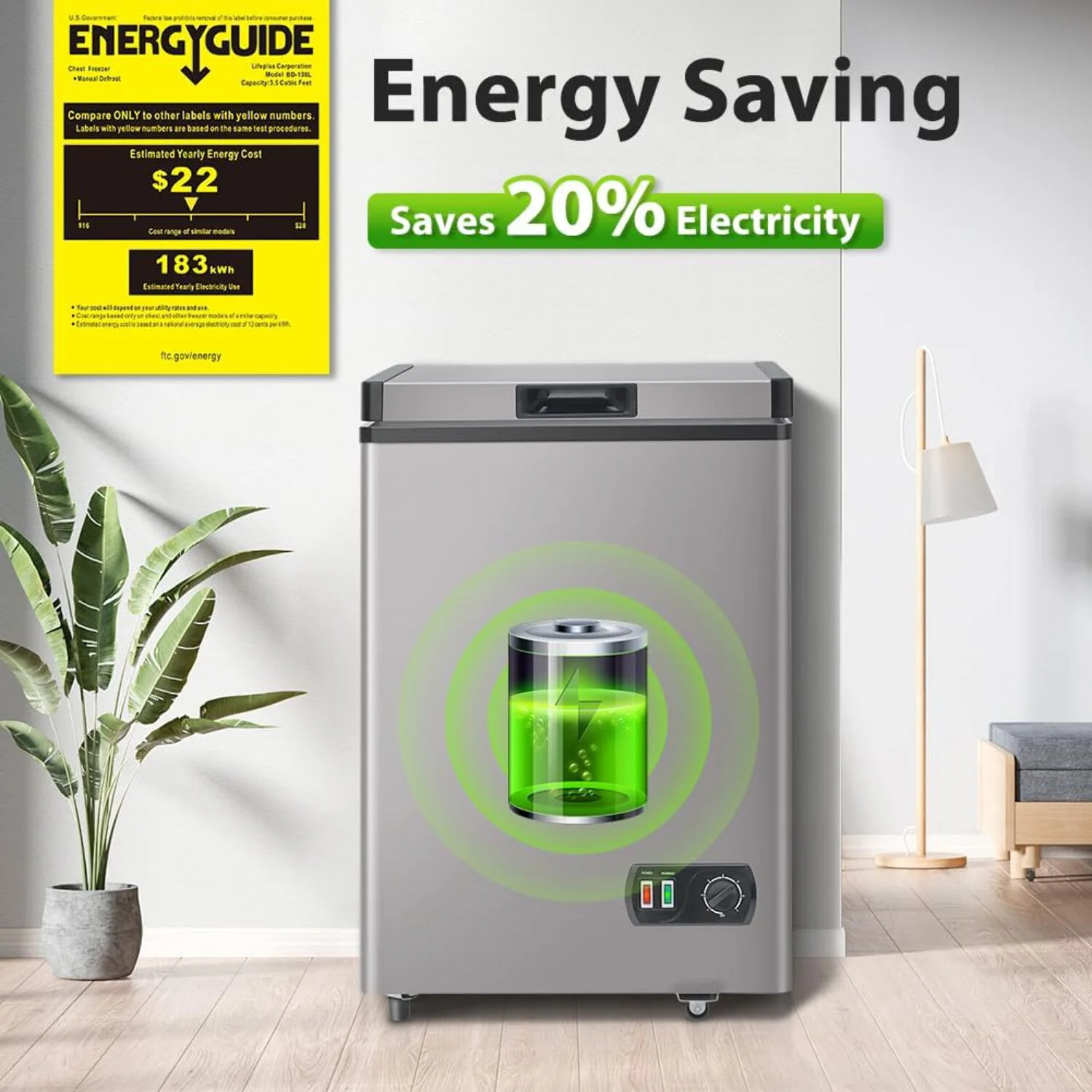 Ecotronic 3.8 Cu Ft Compact Chest Freezer, Grey, Low Noise, Energy Saving, 7-Gear Temperature Control