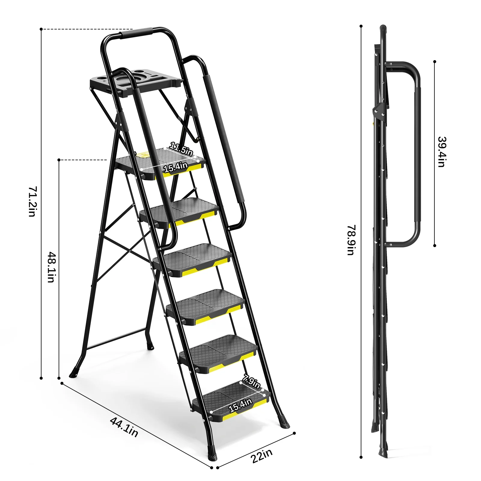 KK KINGRACK 6 Step Ladder, Metal Ladder with Tool Platform&Handrails, 800 lbs Capacity, Black