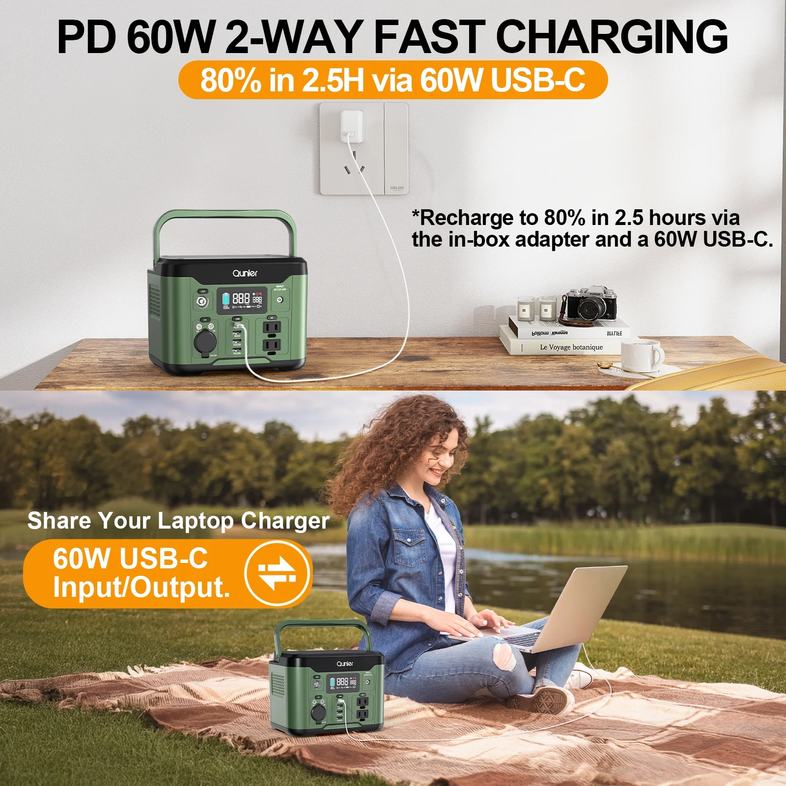 Qunler 300W Portable Power Station 296Wh 80000mAh with 60W PD In/Output Fast Charging, 120V AC Outlets Outdoor Solar Generator for Camping, RV, Home Backup, Emergency Power, Green No Solar Panel