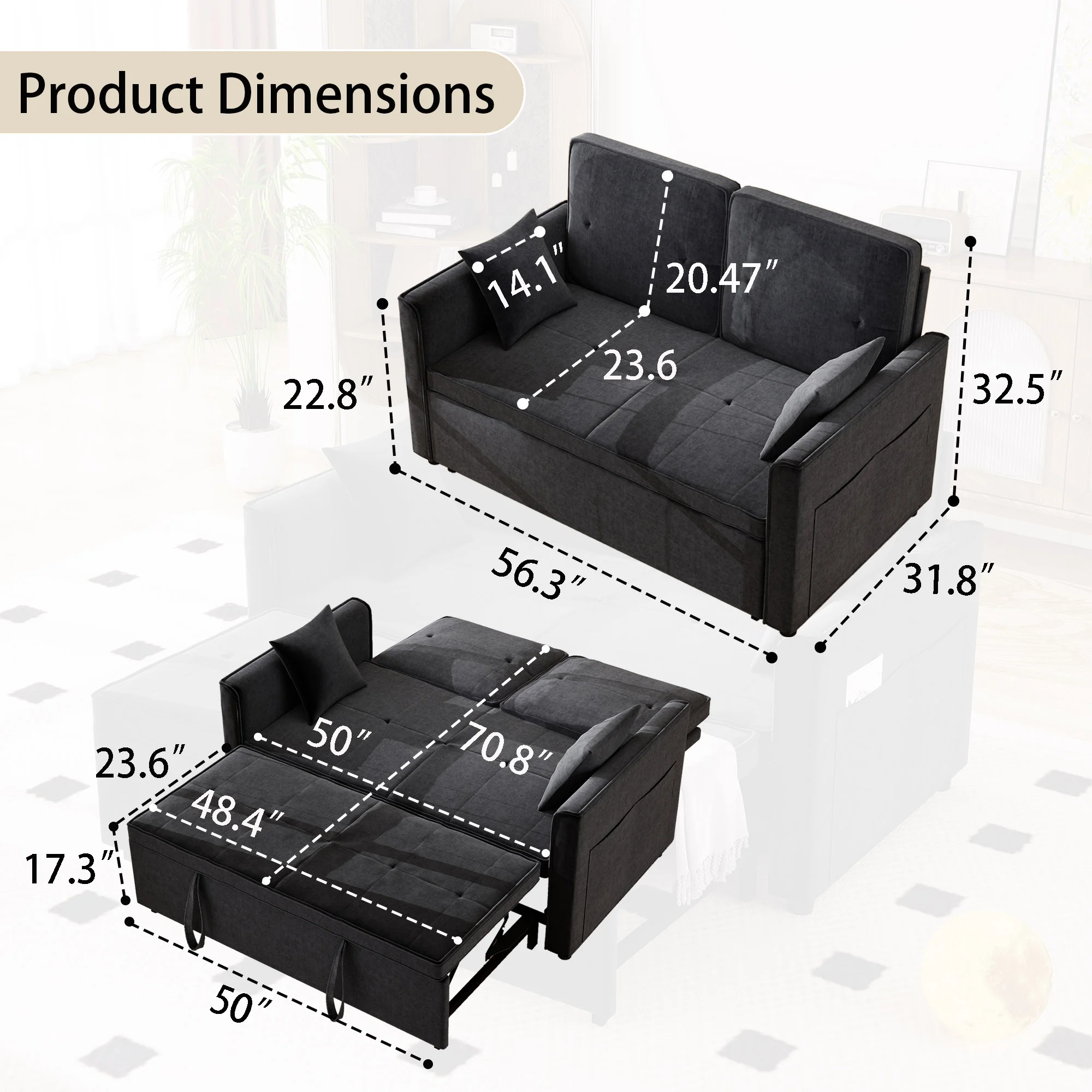 Convertible Sofa Bed,3-in-1 Sleeper Sofa with Pull Out Bed,Sleeper Futon Couch Loveseat with Adjsutable Backrest and Pillows for Living Room,Gray