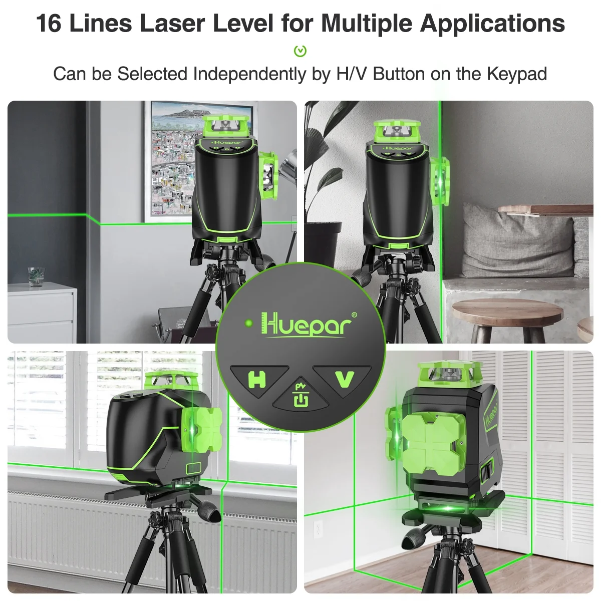 Huepar 3 x 360 Degree Cross Line Laser Level 3D Self-leveling Tiling Floor Green Beam Laser Leveler Tools with Li-ion Battery & Pivoting Base S03DG-L