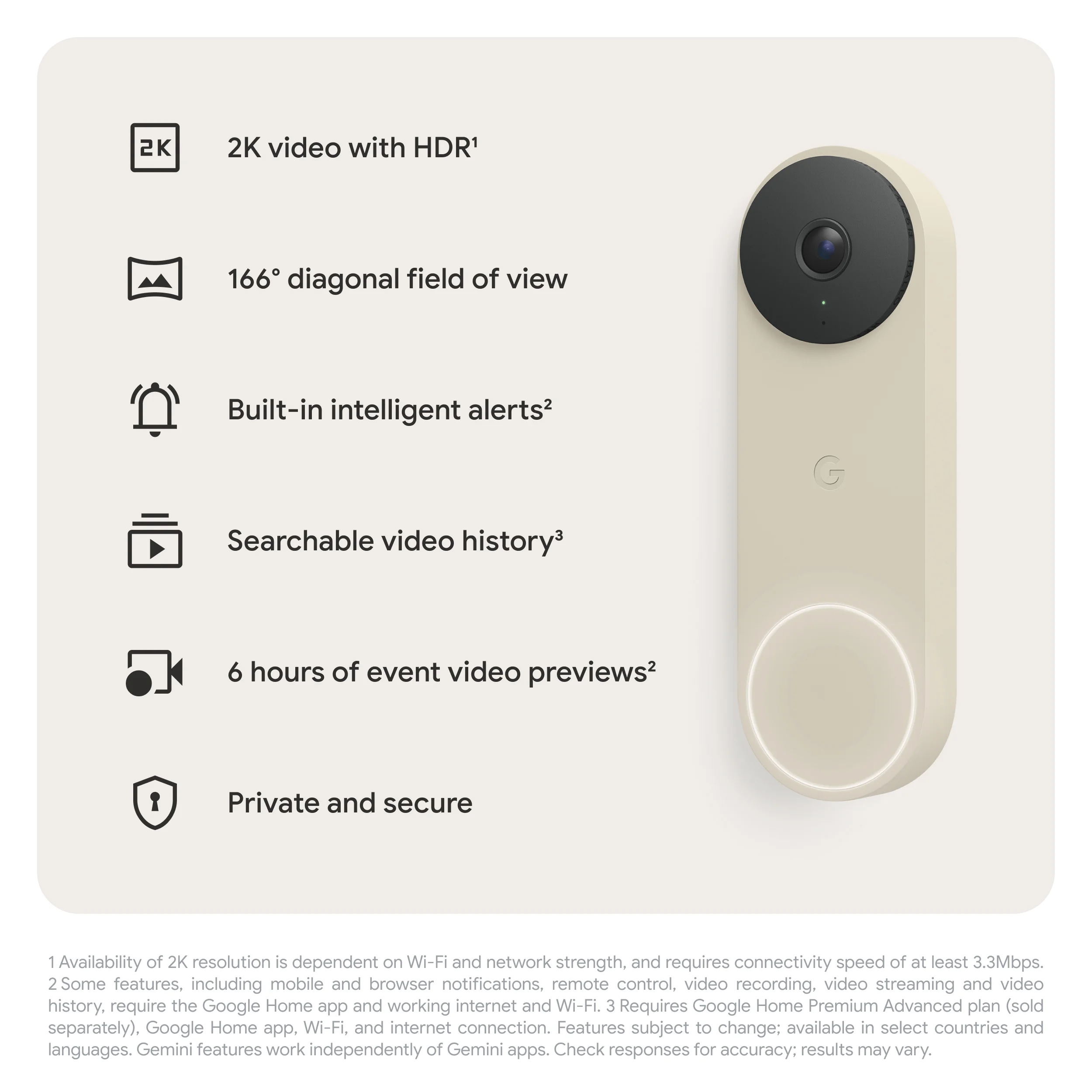 Google Nest Doorbell (Wired, 3rd Gen) - Video Doorbell Camera with 2K Video - Works with Google Home - With Gemini - Linen