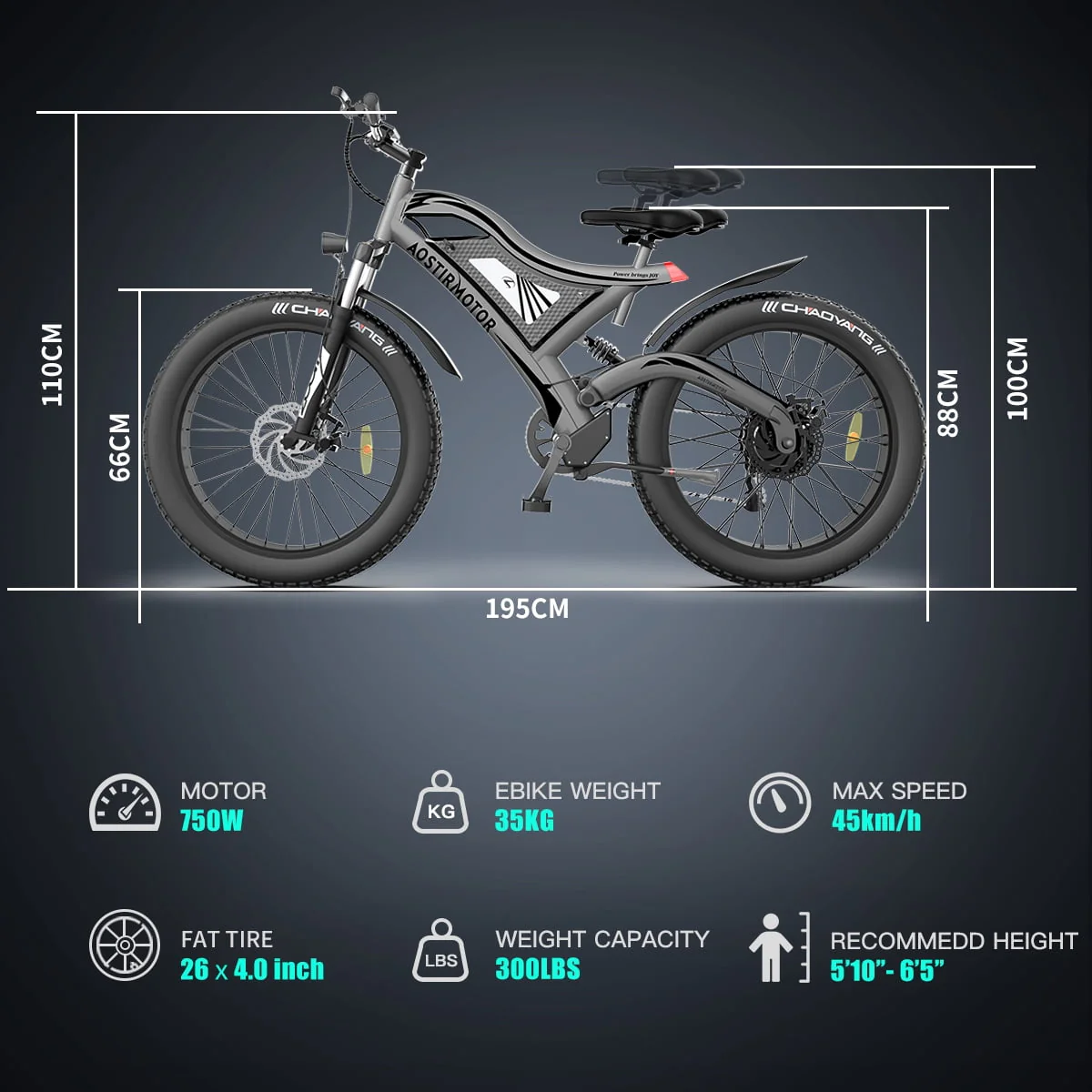 Aostirmotor Electric Mountain Bike 750W 48V15Ah Removable Lithium Battery, Fat Tire Ebike 26x4.0 inch Electric Bike for Adults