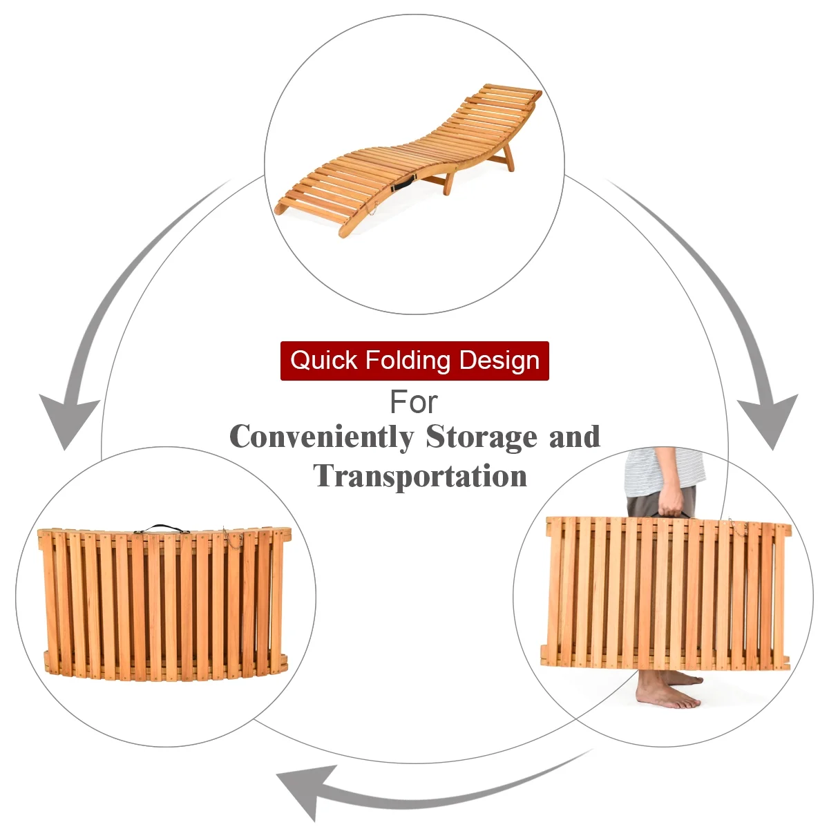 Costway Folding Wooden Outdoor Lounge Chair Chaise Red/White Cushion Pad Pool Deck