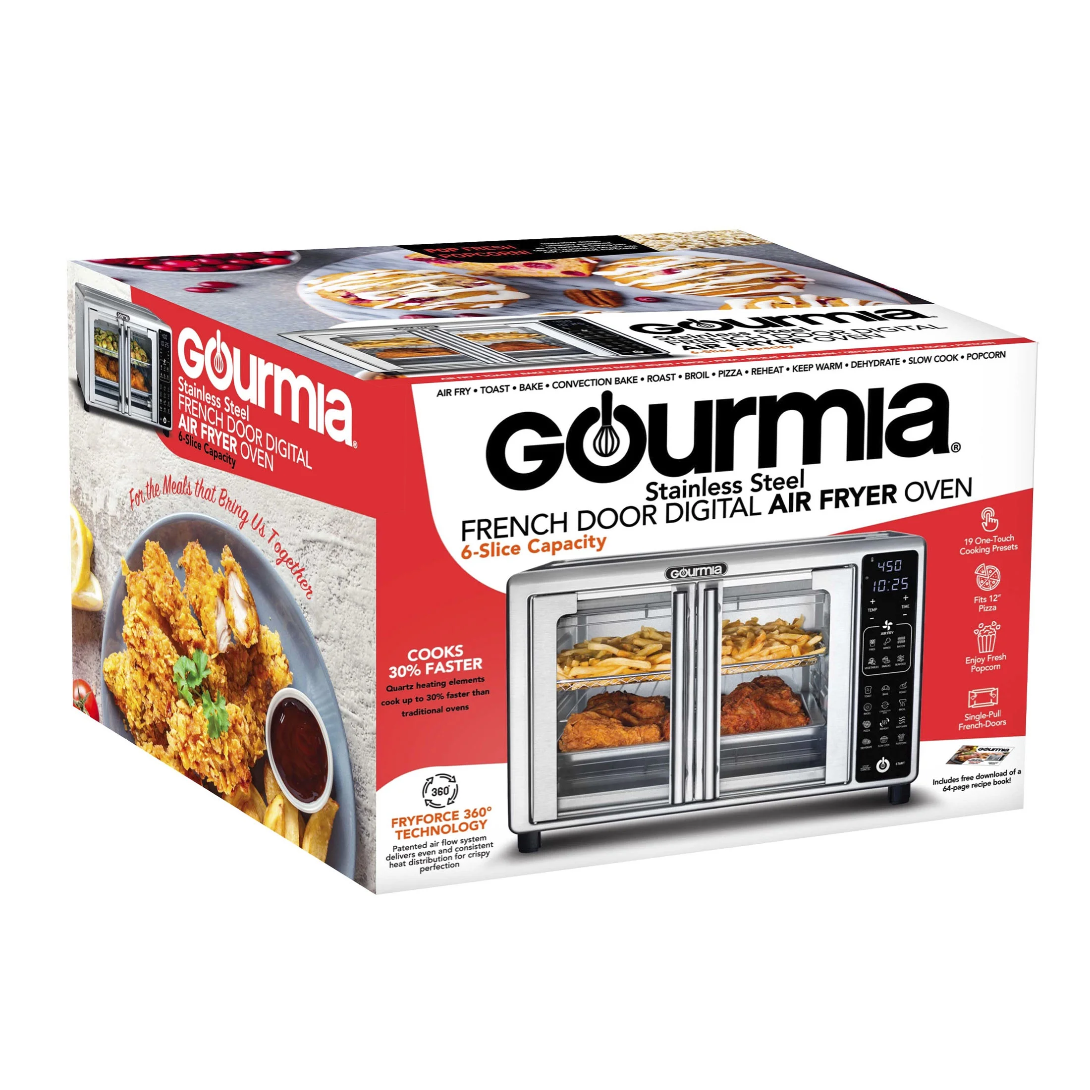 Gourmia French Door 6-Slice Digital Toaster Oven Air Fryer, 19 One-Touch Presets, 24L, Stainless Steel