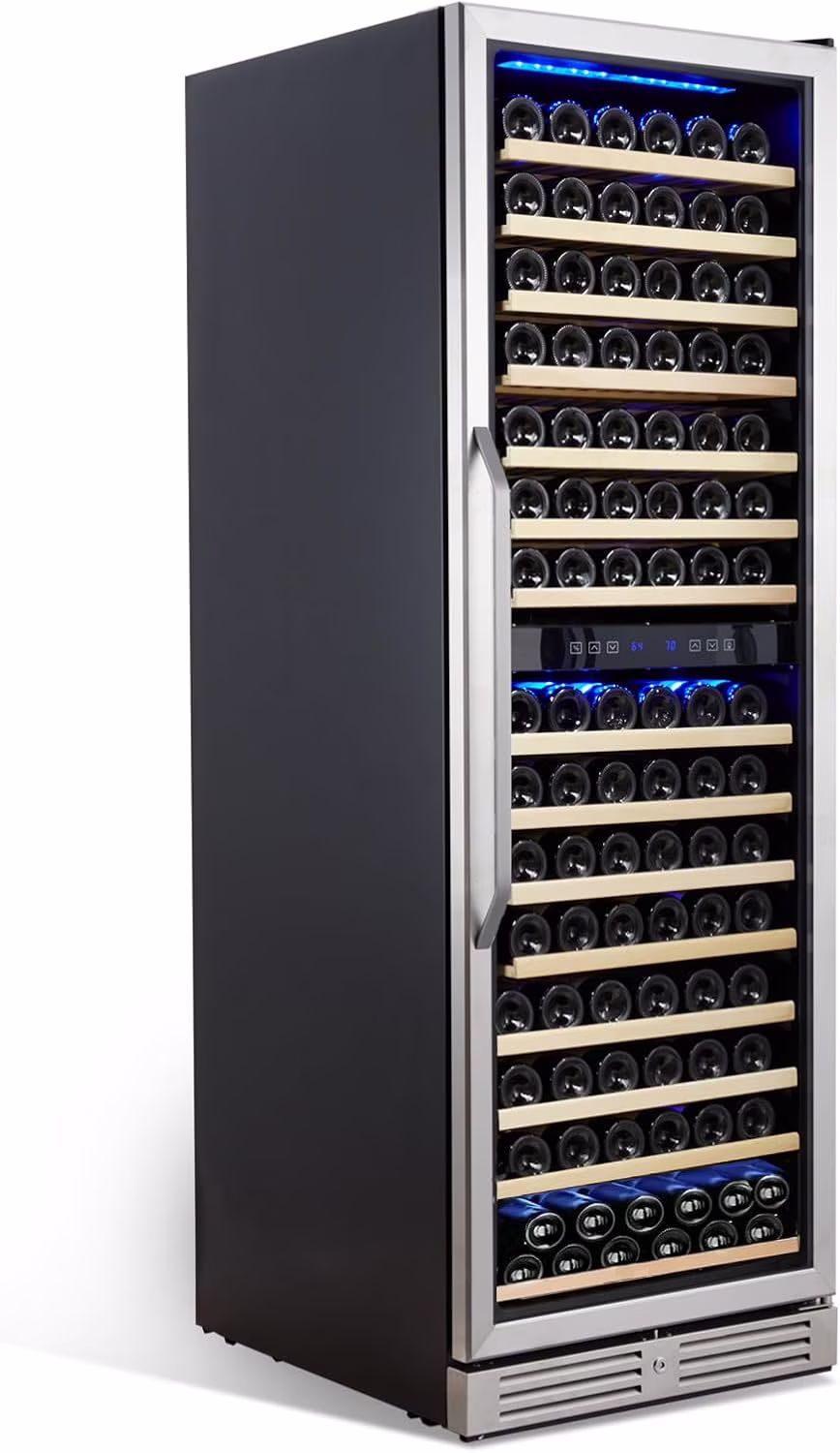 24 Inch Wine Fridge Dual Zone 160 Bottle, Tall Wine Cooler Refrigerator Built-in or Freestanding with Temperature Control System, Professional Compressor, Low Noise and Intelligent Temperature Memory