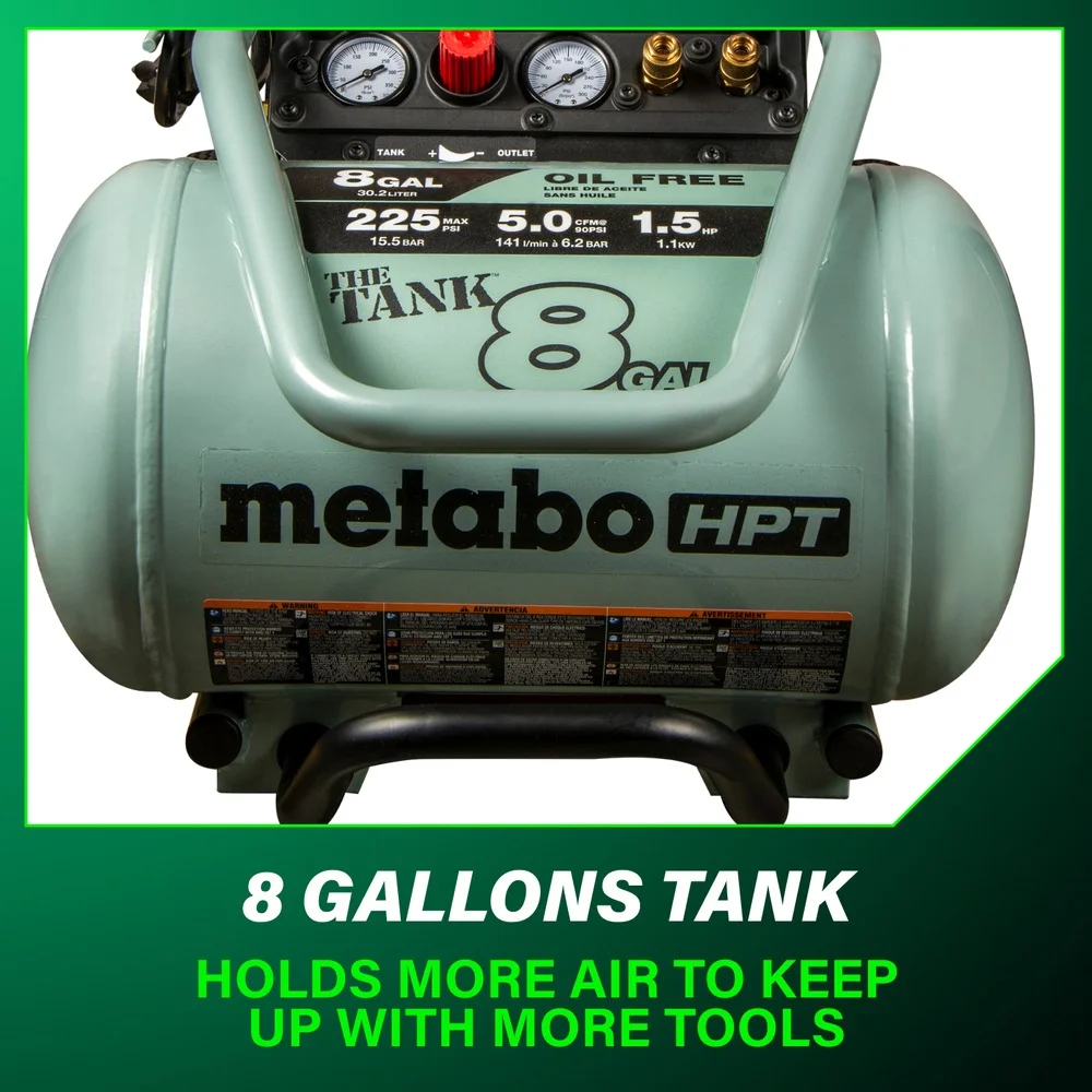 Metabo HPT Air Compressor, THE TANK, 8-Gallon Trolley Air Compressor, 225 PSI, Versatile for Use with Framing, Siding, Finish, or Roofing Nailers, Easy Mobility with Rubber Tires, EC1315S