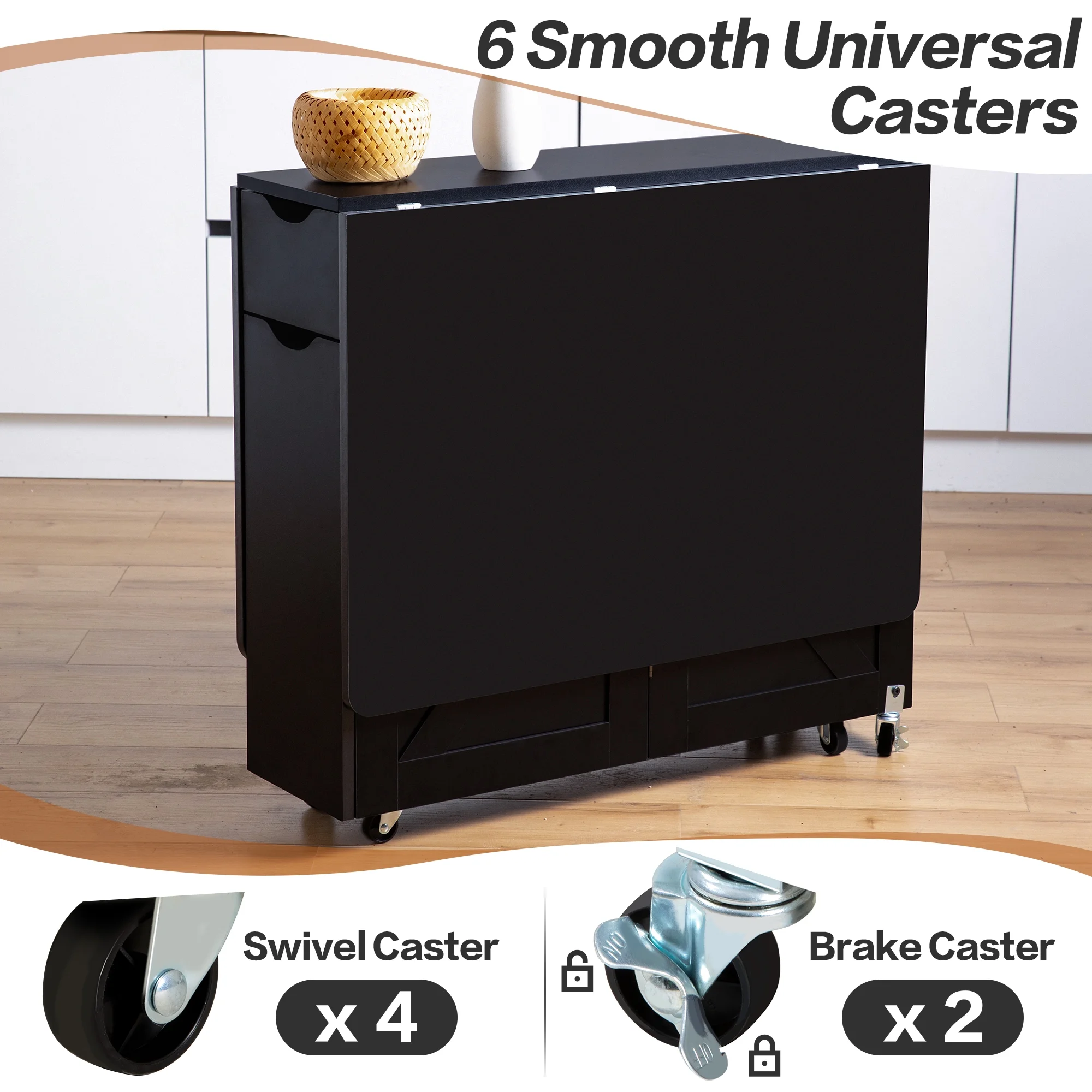 spanspace Folding Dining Table, Drop Leaf Dining Table with 6 Wheels and 2-Layer Storage Shelf, Space Saving Dining Table for Small Spaces,Folding Kitchen Table,White