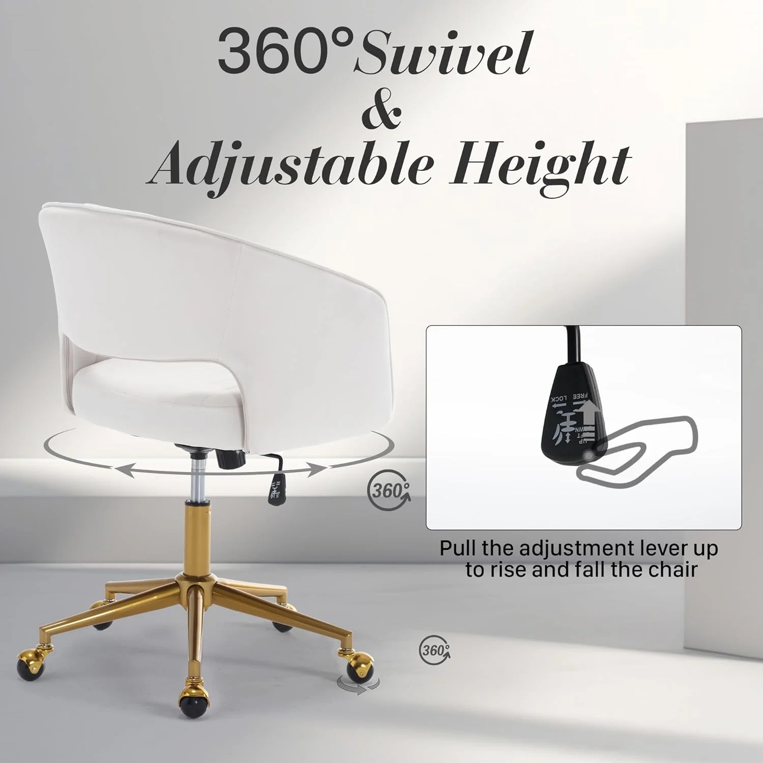 Home Office Swivel Desk Chair, Modern Velvet Vanity Chair, Height Adjustable Armchair with Gold Base, Ergonomic Office Chair for Task Study Computer Room, Beige