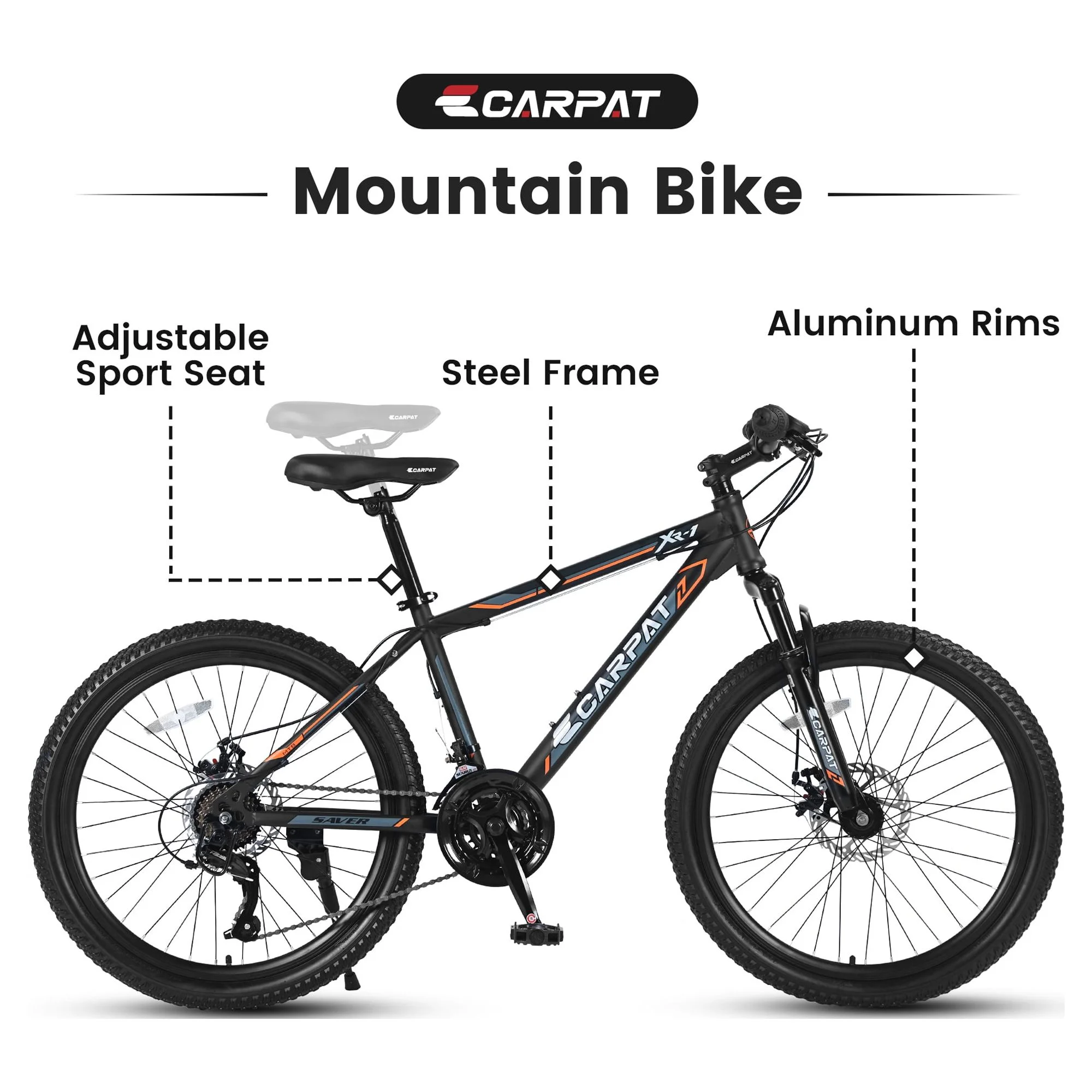 Ecarpat Mountain Bike, 24-Inch Wheels Bikes Shimano 21-Speed with High Carbon Steel Frame Mechanical Disc Brakes Front Suspension Fork for Youth Adults Multiple Colors