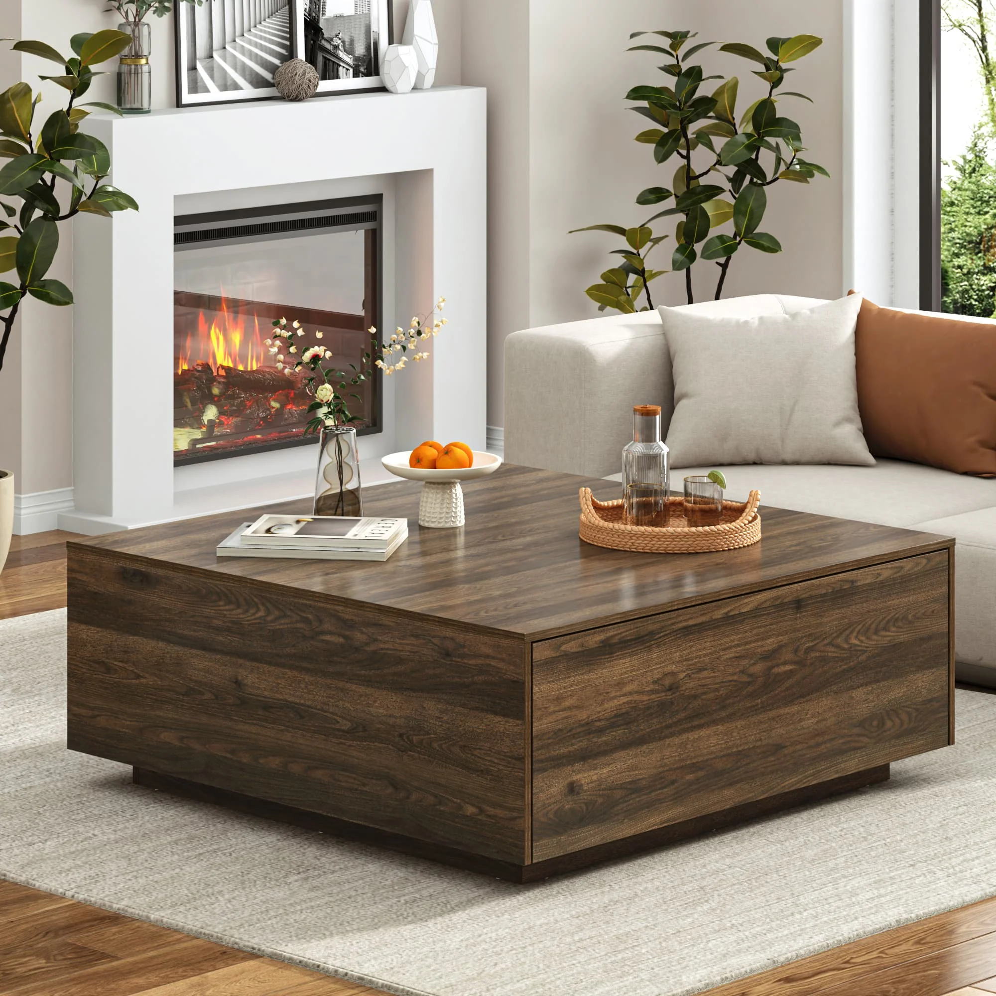 Blotout Square Coffee Table with 2 Large Drawers, 43