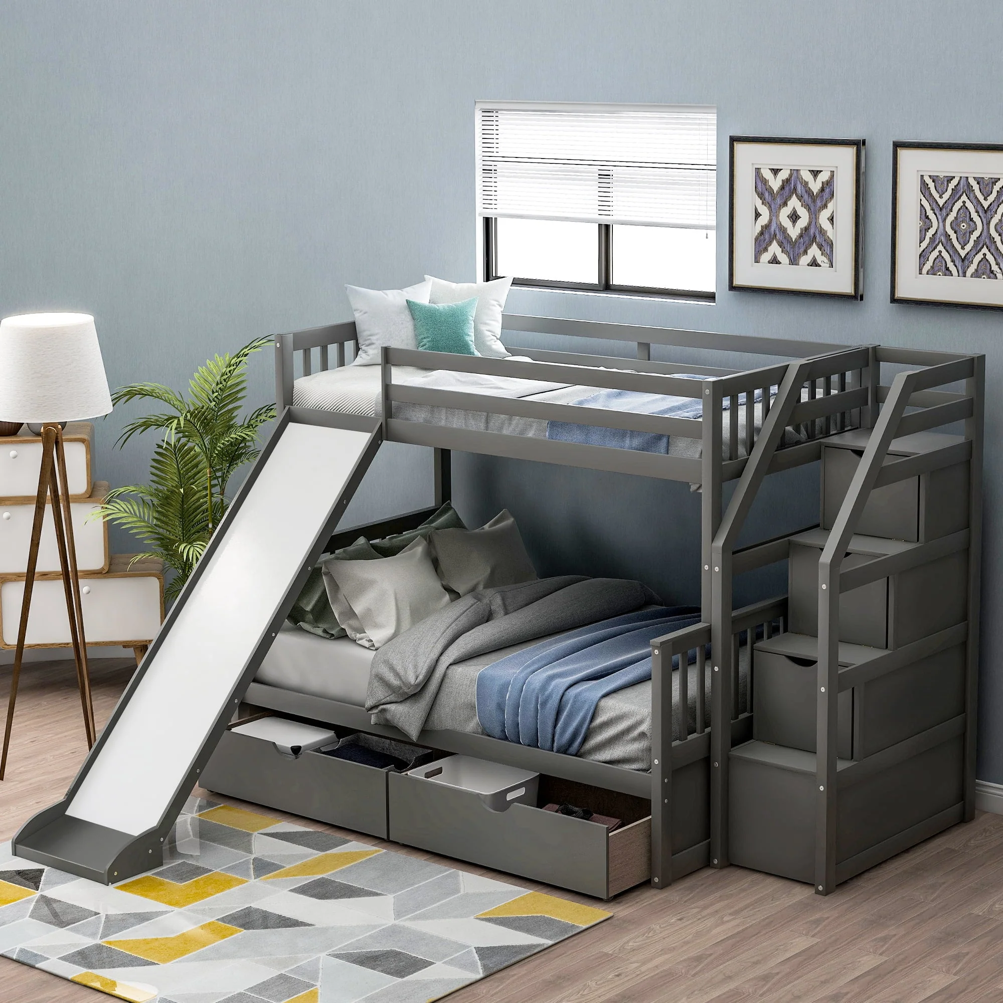 Euroco Wood Twin Over Full Bunk Bed with Drawers and Slide, Gray