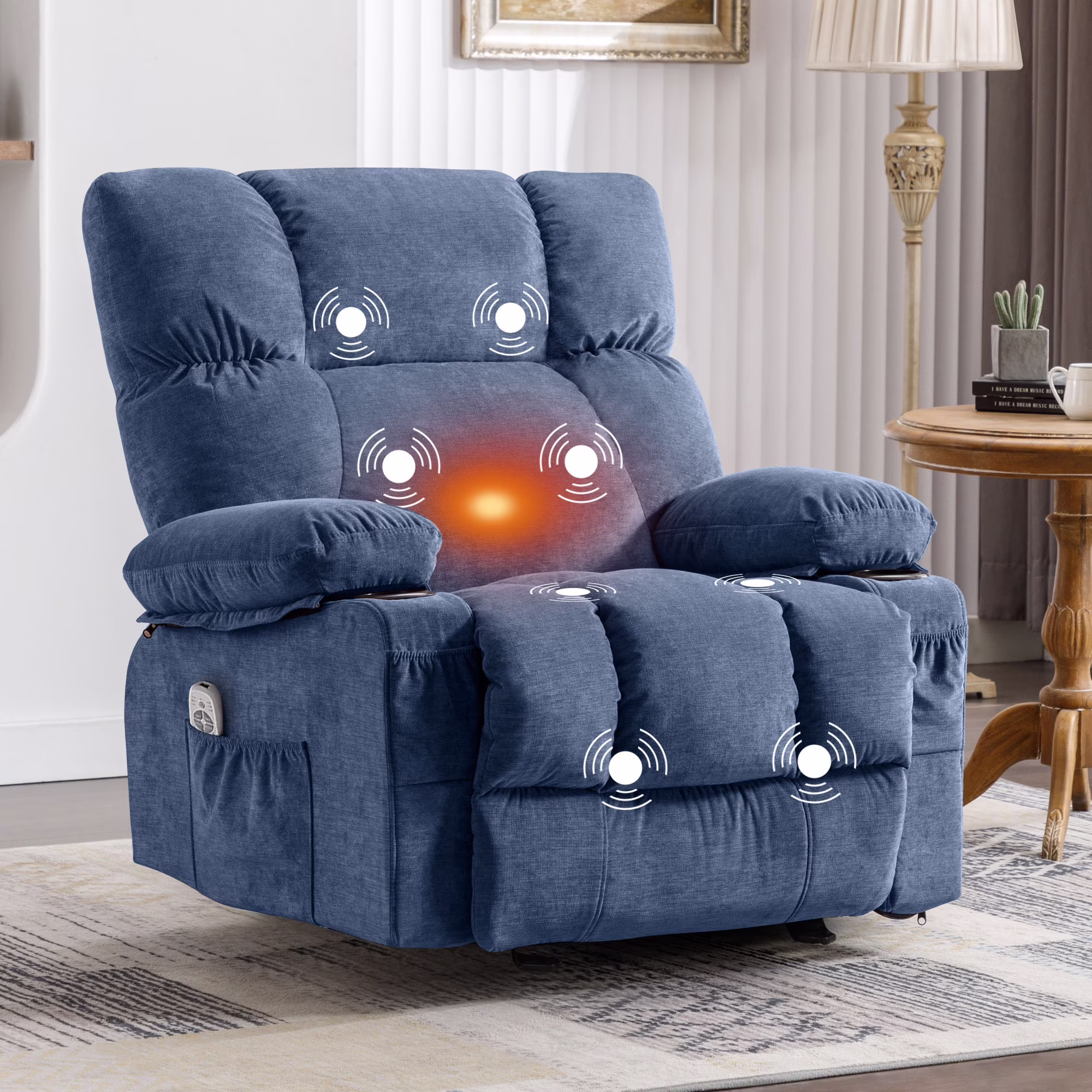 JONPONY Manual Recliner Chair with Heat Therapy and Massage Function, Heavy Duty Reclining Mechanism Massage Chair, Elderly Single Rocker Sofa with Cup Holders for Bedroom Home Theater,Grey