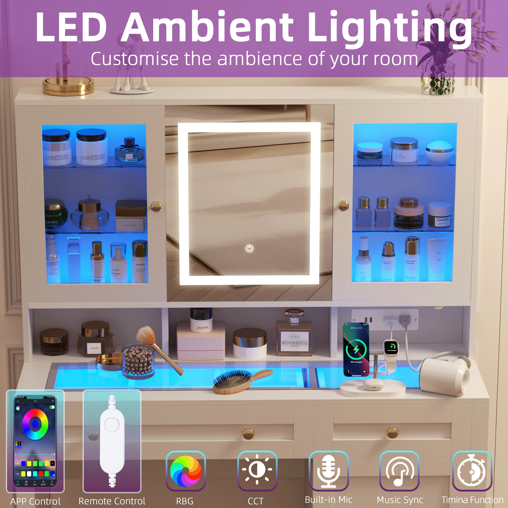 Semoic White Makeup Vanity Desk with LED Mirror and RGB Lights and Power Outlet, Morden Glass Top Vanity Table with Drawer & Storage Cabinet & Adjustable Shelves, Large Dressing Table for Bedroom