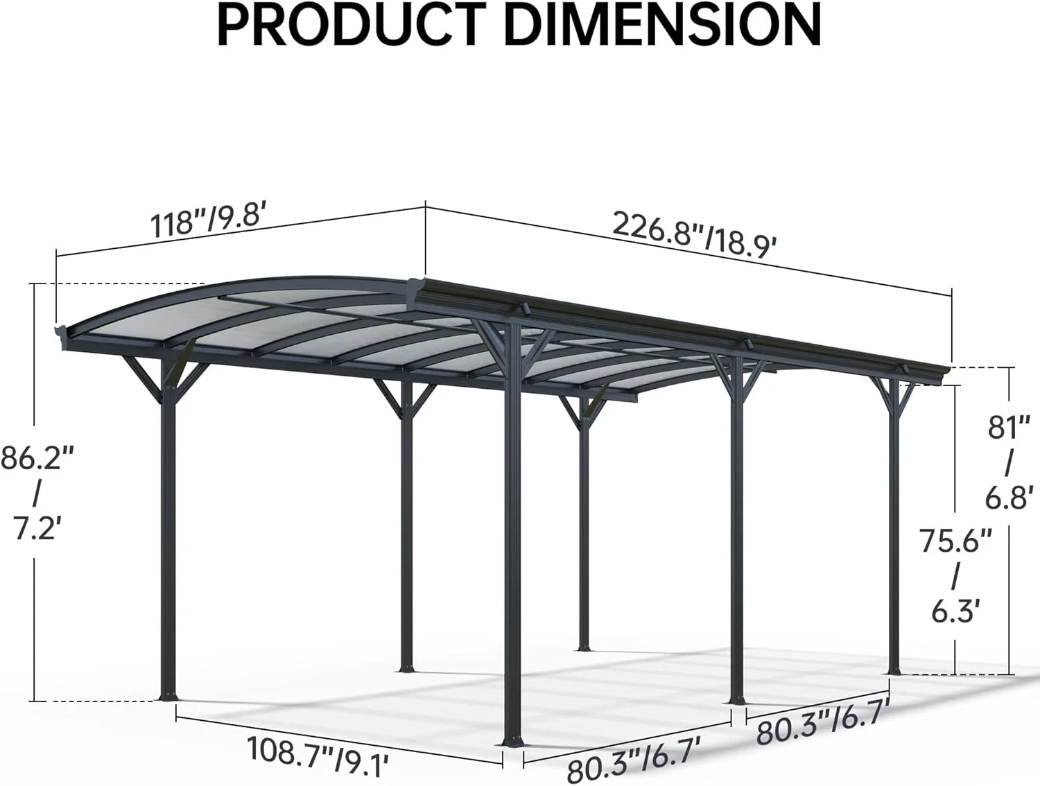 JINSEED 10 x 16ft Metal Carport with Heavy Duty Metal Frame & Pitched-Roof Polycarbonate Panel Canopy, Multi-Purpose Shelter for Car, Truck, SUV, Tractor, and Boat,Gray