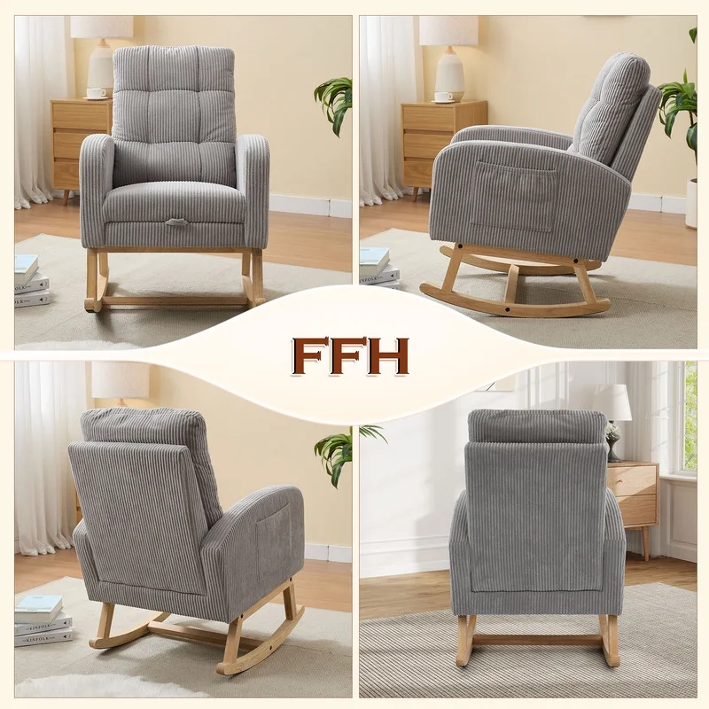 FFH Rocking Chair Nursery, Tufted Accent Rocker Chair, Upholstered Armchair with Adjustable Footrest, Side Pocket, High Backrest, Padded Seat, Polyester Blend (Retro, Dark Gray)