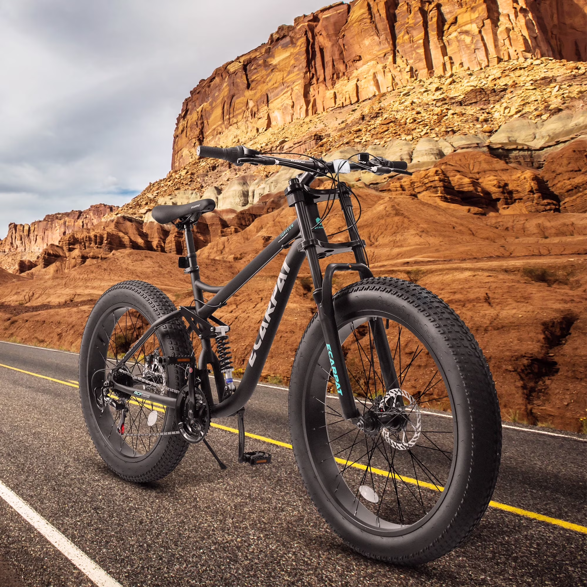 26 in Men's Fat Tire Bike,Shimano 21-Speed,Full Suspension Mountain Bike,Black