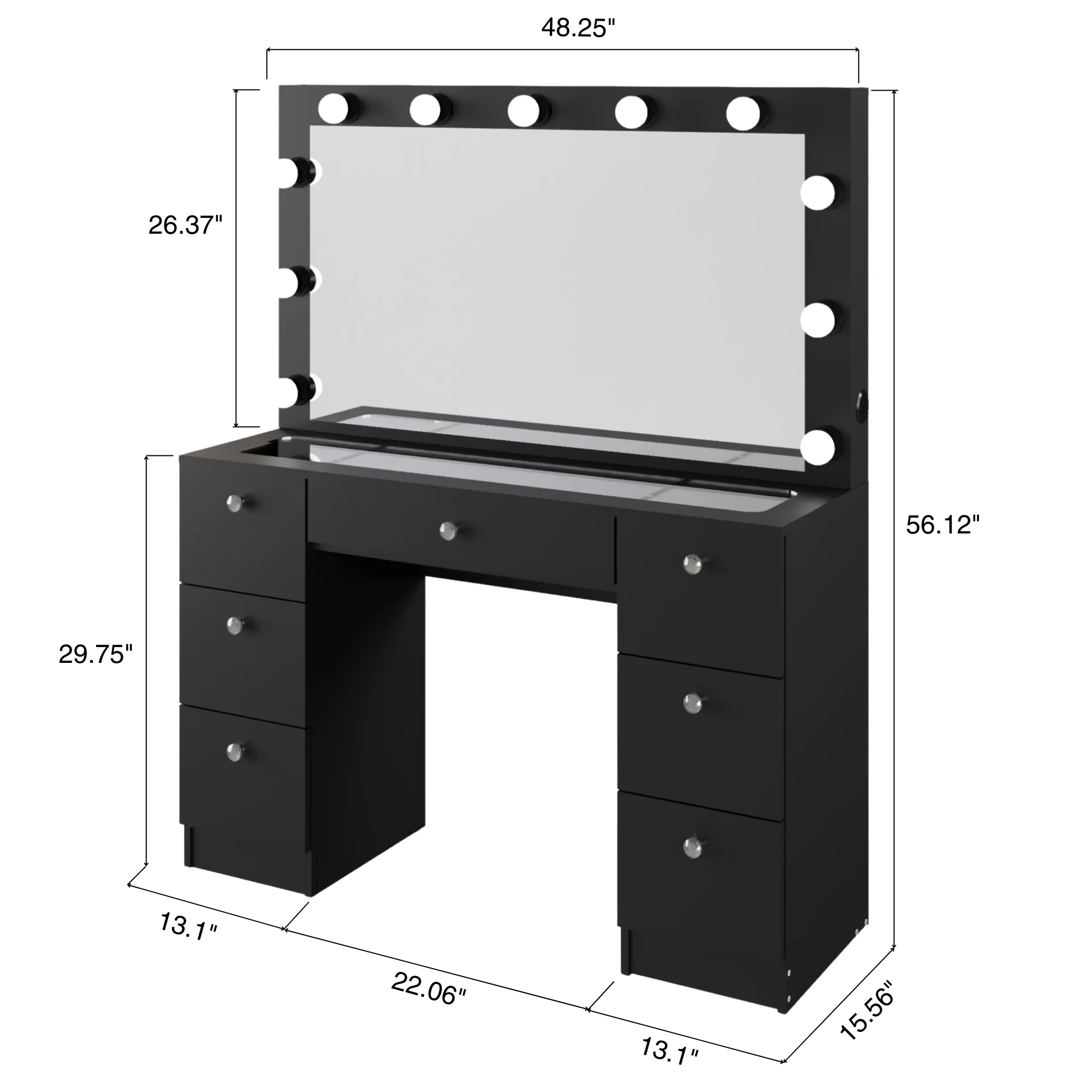 Ember Interiors Ibbie White Makeup Vanity with Glass Top, Lights, Charging Station